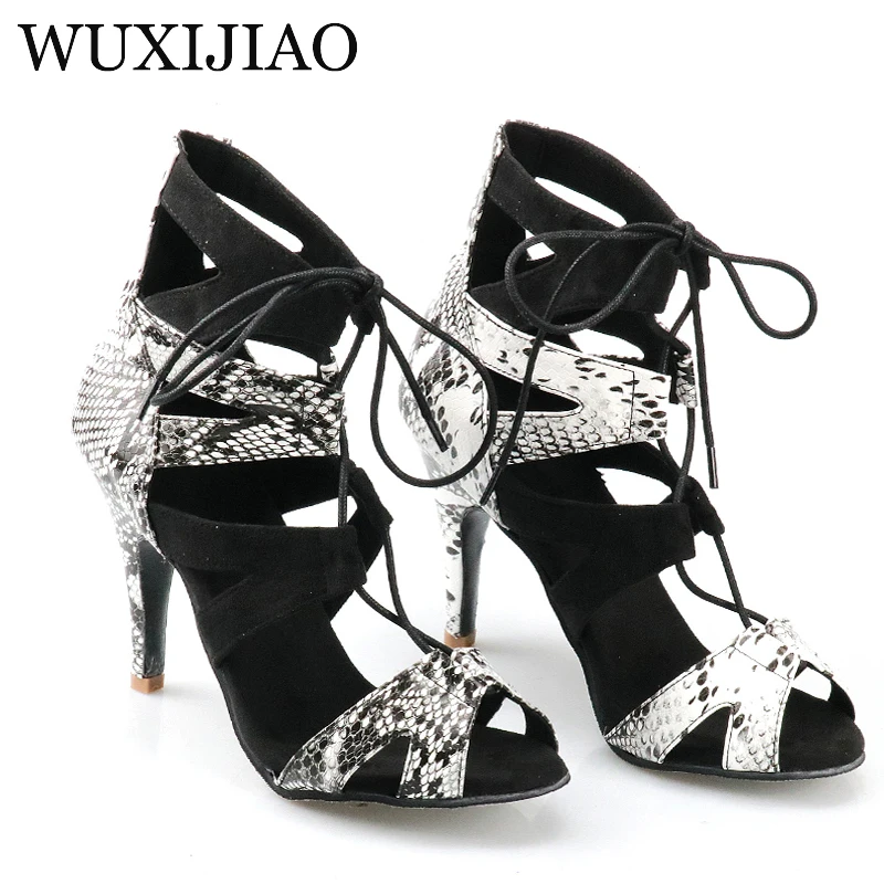 WUXIJIAO Professional Ballroom Dance Shoes Ladys Halloween Skull Salsa Dance Shoes Denim Doodle 9cm Heeled Women Latin Dance