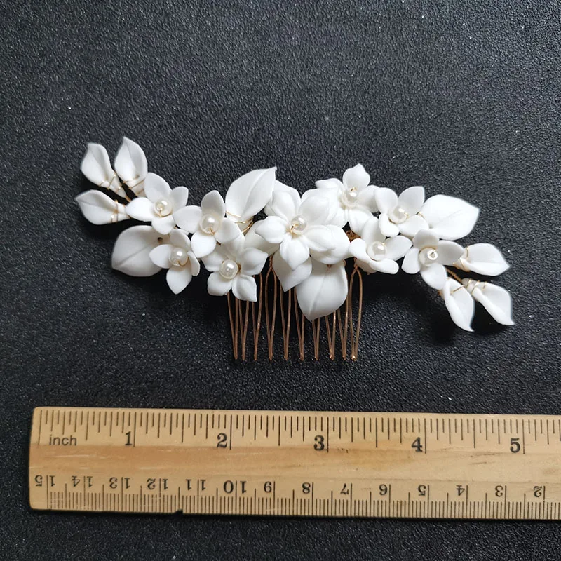 SLBRIDAL Handmade Crystal Rhinestone Pearls Ceramic Flower Bridal Hair Comb Wedding Hair Accessories Bridesmaids Women Jewelry