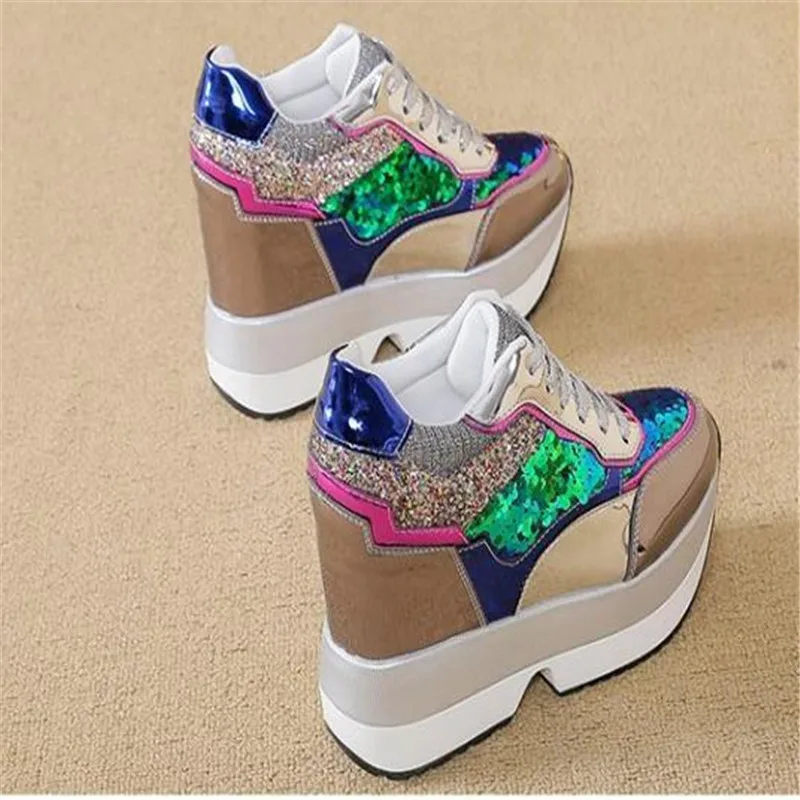 size 34 40 New arrival  Autumn Fashion casual shoes women High Platform Shoes 13 cm thick soled female Trainers Gold Silver