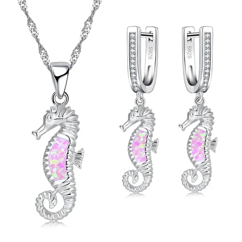 Ladies Jewelry Set Cute Inlaid Seahorse Pendant For Women Wedding Accessories Girl Necklace Earring Birthday Gift