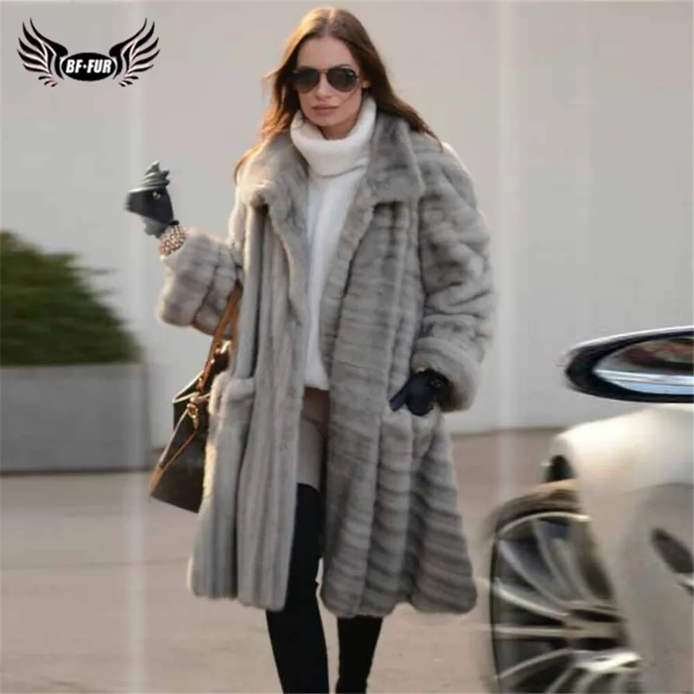 BFFUR 100cm Long Real Mink Fur Coat Women Winter New Full Pelt Genuine Mink Fur Coat Lapel Collar Luxury Fur Overcoats Woman