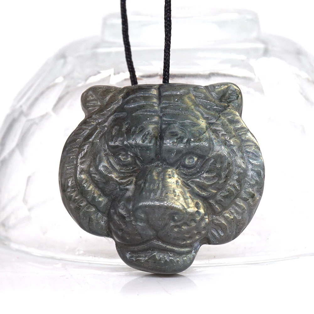 Tiger Head Pendant Natural Tigers Eye Hand Carved Stones Labradorite Reiki Healing Crystal Statue DIY Jewelry Making Necklace