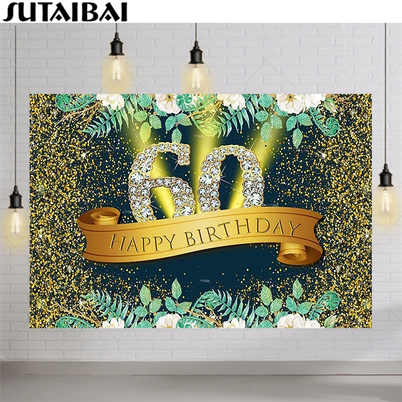 Donne 60 ° sfondo oro lucido Glitter Dot diamante fotografia sfondo floreale tropicale Lady Queen Sixty decorazioni per feste di compleanno