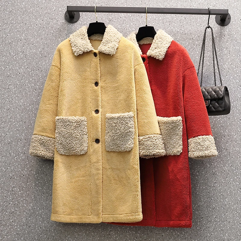 

M-4XL Women Autumn Winter Loose Straight Long Lamb Wool Coat Jacket Turn-down Collar Single Breasted Woolen Overcoat Cardigan