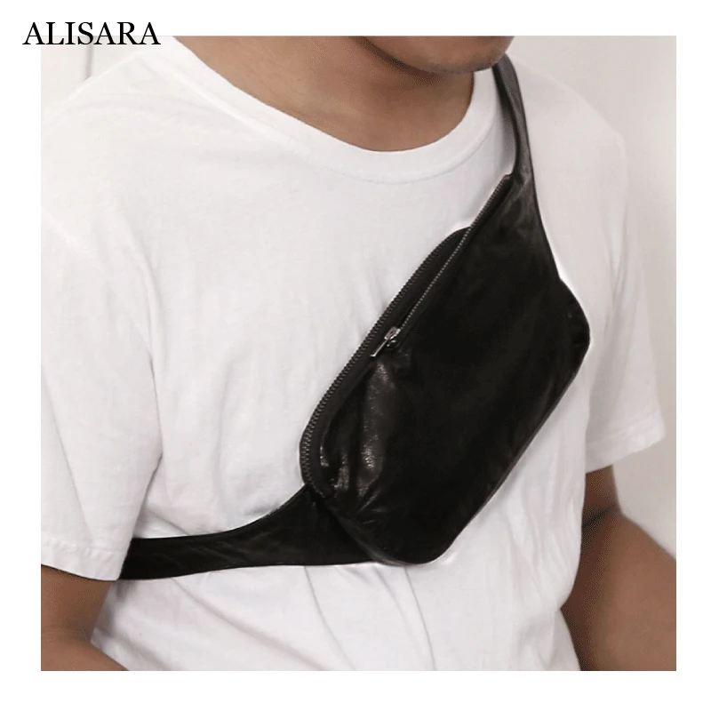 Alisara Men\'s Chest Bag First Layer Sheepskin Leather Top Quality Male Fashion Small Cell Phone Handbag Mini Storage Waist Bags