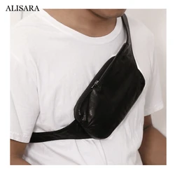 Alisara Men's Chest Bag First Layer Sheepskin Leather Top Quality Male Fashion Small Cell Phone Handbag Mini Storage Waist Bags