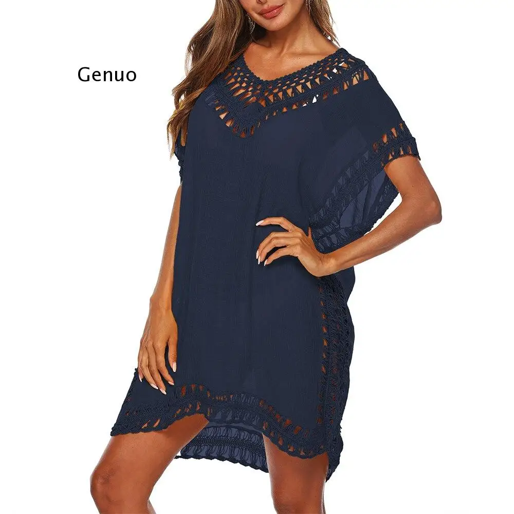 Sexy Women Loose Beach Dress Tunic Solid Bikini Cover Up Swimsuit Beachwear Swimwear Hollow Out Beach Dress