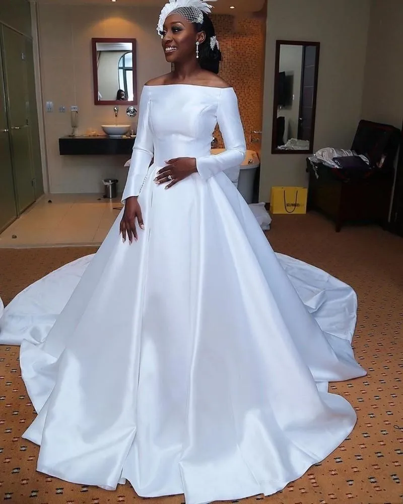 2025 A Line African Wedding Dresses Off The Shoulder Satin Long Sleeve Elegant Bridal Dress vestidos de noiva Customized