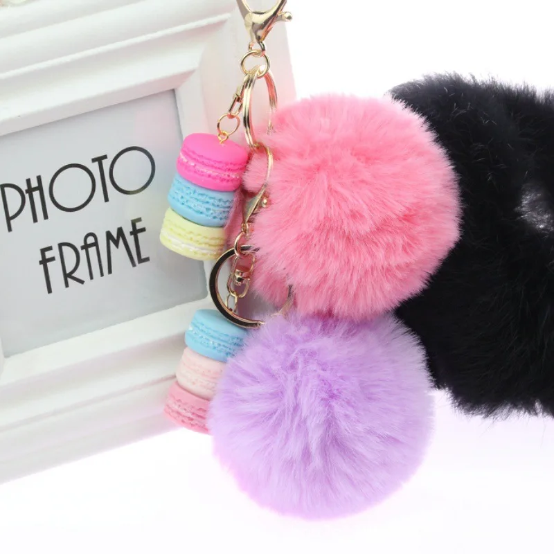 Resin Macaron Fur Ball Keychains Lovely Macaroon Key Chains Bag Charm Pom Pom Gold Metal Keyring Car Key Holder Girl Party Gift
