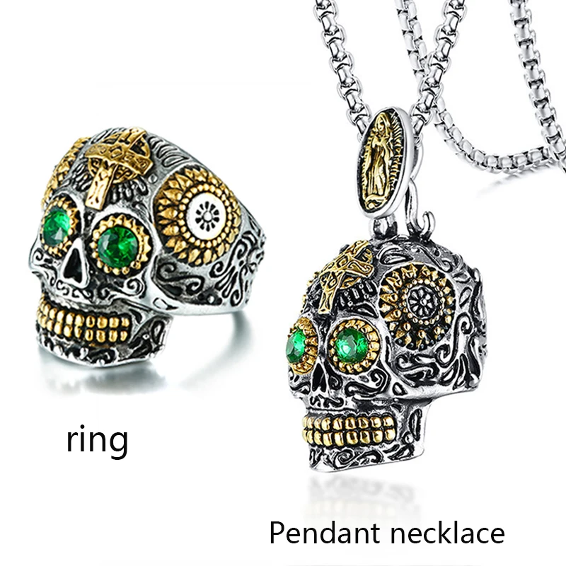 

Skull Necklace Ring Jewelry Set Green Shiny Rhinestone Ring for Men Punk Stainless Steel Pendant necklace Halloween Accessories