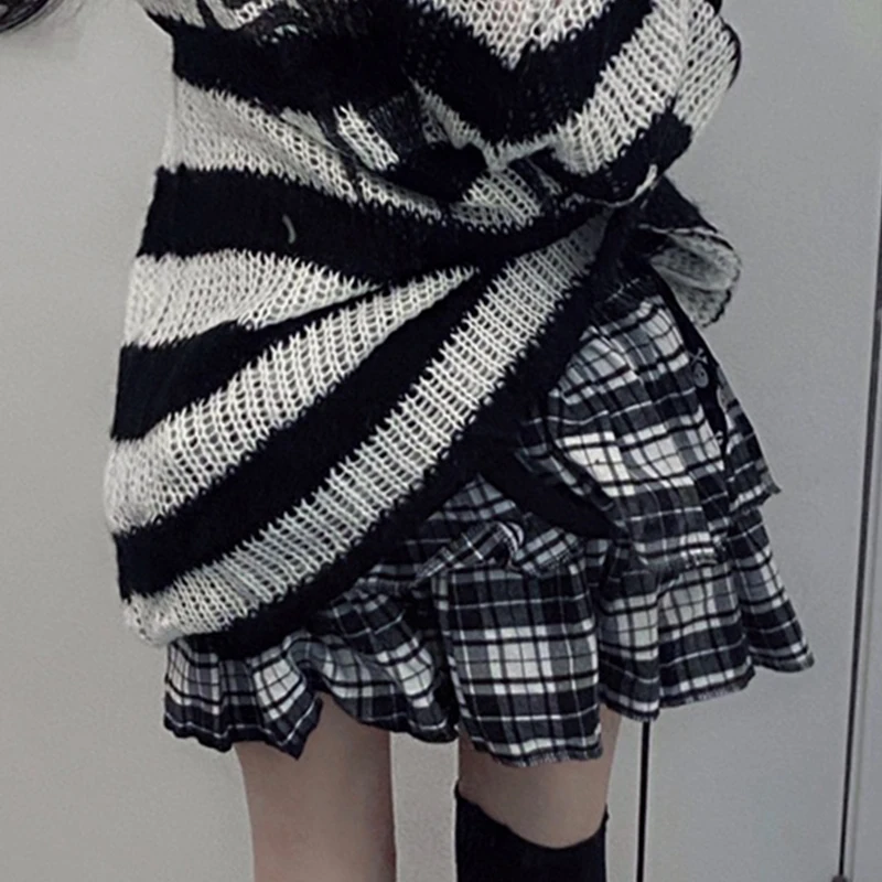 Y2k Girl Elastic Waist Black White Striped Goth Street Skirts Gothic Punk Lady Sexy Mini Skirt Korean Japanese Sweet Hot Clothes