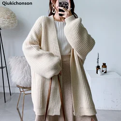 Alpaca Blend Winter Sweater Cardigan Women Korean Casual Lantern Sleeve Chunky Knit Cardigan Ladies Over Size Thick Sweater Coat