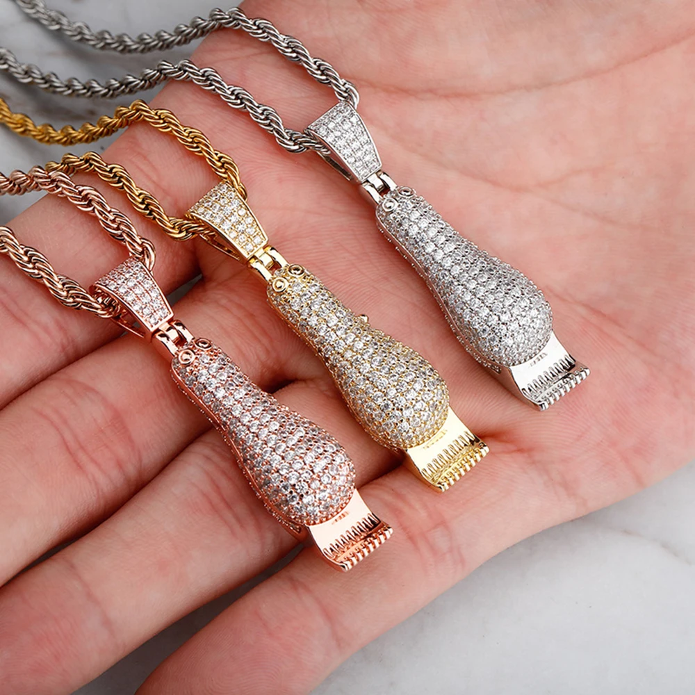 Razor Barber Iced Out Pendants Necklaces For Men With Bling Micro Paved Cubic Zirconia Rapper Hip Hop Jewelry Drop Shipping