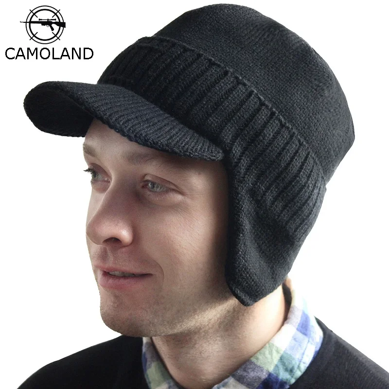 

CAMOLAND Winter Hat Skullies Scarf Set Men Women Knitted Scarf Cap Balaclava Warm Fleece Fur Earflap Cap Male Brim Visor Beanies