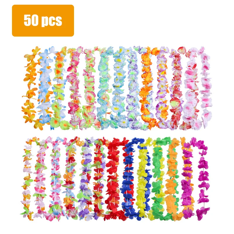 

50 Pcs Hawaiian Flower Lei for Luau Party - Bulk Set of Floral Necklace Leis Vibrant Colors Assortment for Party Favors, Garland