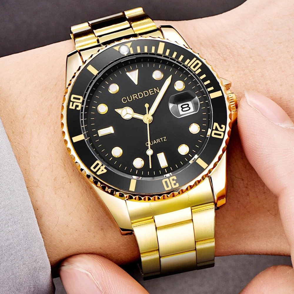 Classic Design Gold Watch Men Luxury Quartz Mens Watches Man Rotating Bezel Business Male Clock Waterproof Sports Reloj Hombre