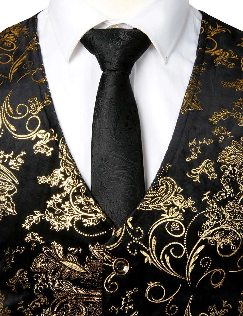 Chaleco metalizado de boda para hombre, esmoquin, ropa aristócrata de color dorado con paisley impreso y con una botonadura y cuello en V, talla