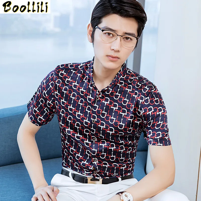 

Silk Boollili Real Summer Shirt Men Short Sleeve Printed Shirt Social Mens Shirts Casual Slim Fit 2010 Camisas Hombre