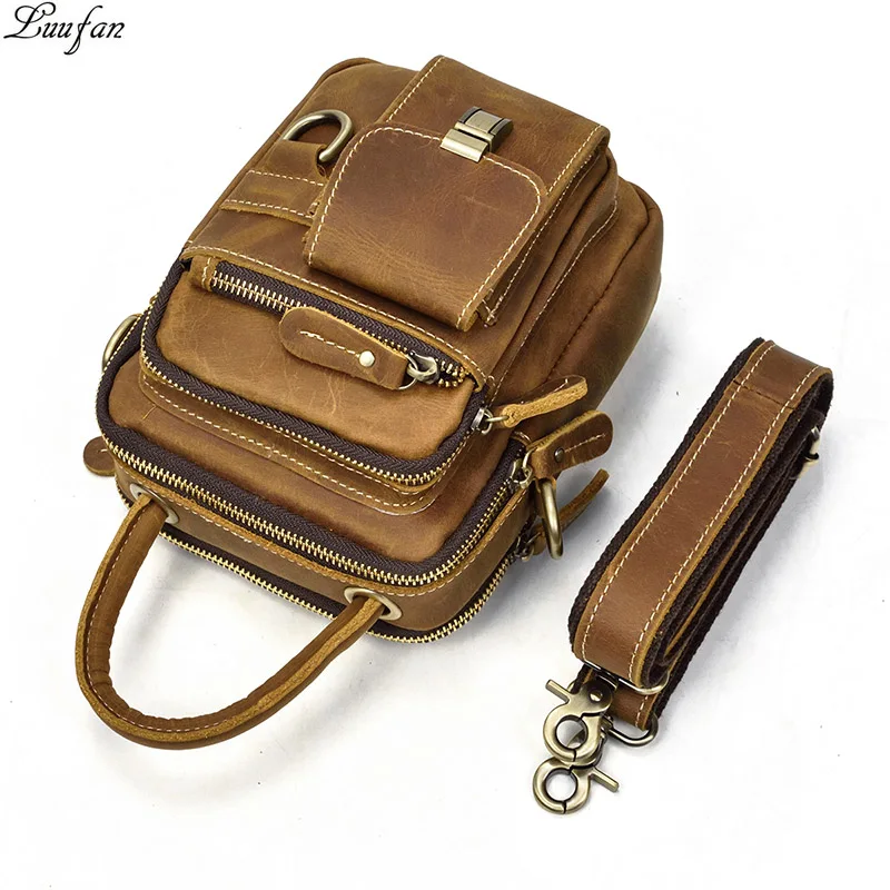 Crazy Horse Genuine Leather Men Shoulder Bag Cowhide Double Zipper Pockets Multifunctional Messenger bag Vintage mini handbag