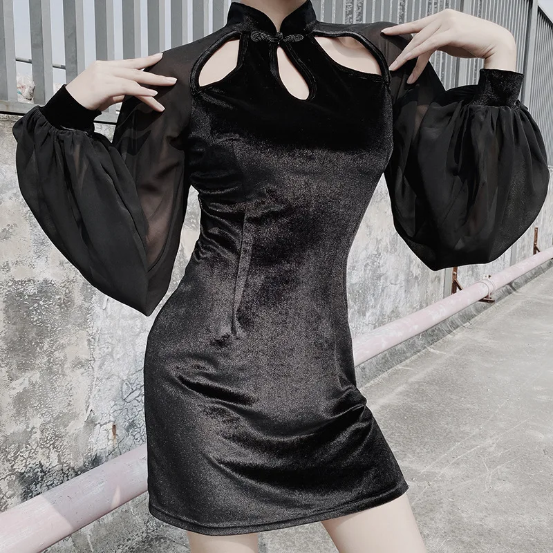 

New Chinese Original Design Autumn Velvet Dress Lantern Sleeve Mesh Stitching Slim Sheath Cheongsam Dress Black Party Dress