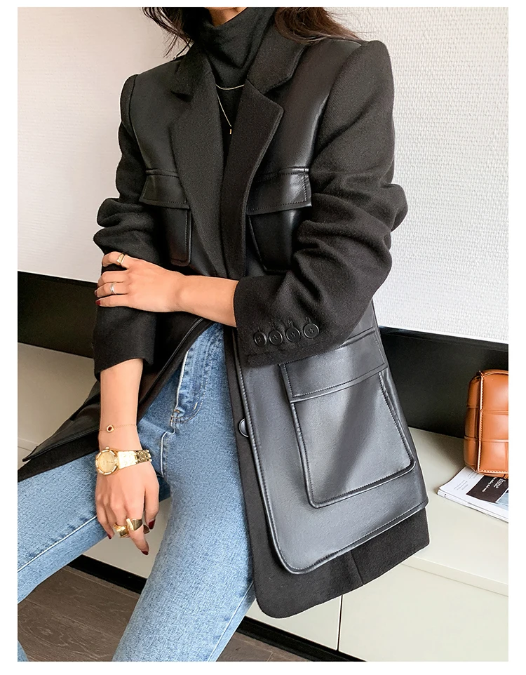 Nerazzurri Autumn Black Wool Blends Patchwork Leather Jacket Women with Many Pockets Long Sleeve Korean Fashion Streetwear 2022