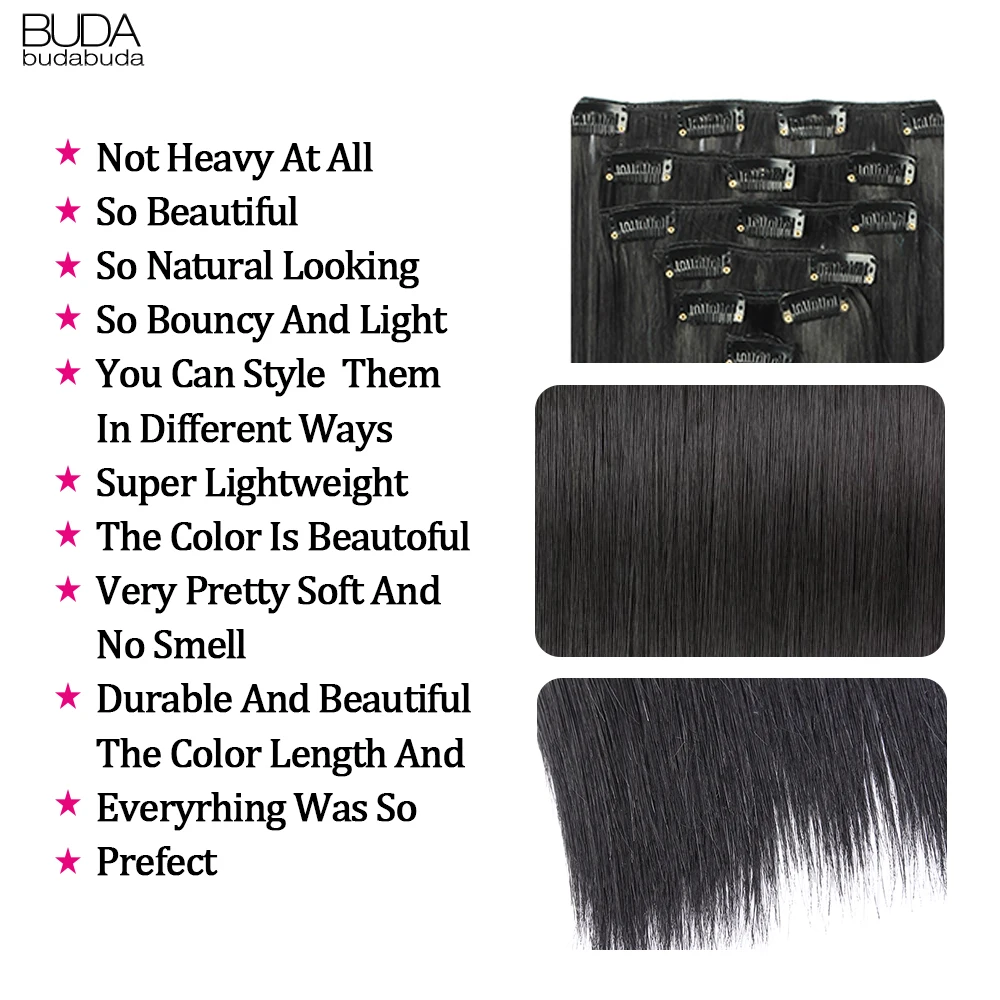 22 pulgadas 16 Clips largo recto sintético Clips de extensiones de cabello en Alta Temperatura de fibra negro marrón Ombre peluca BUDABUDA