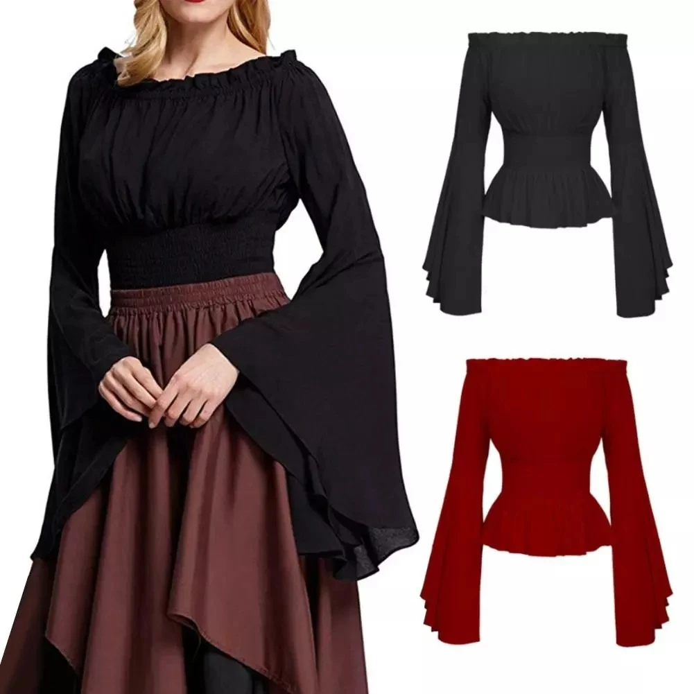 

Women Medieval Vintage Cosplay Renaissance Blouse Peasant Off Shoulder Sleeves Shirt Boho Steampunk Pirate Costume Corset Top