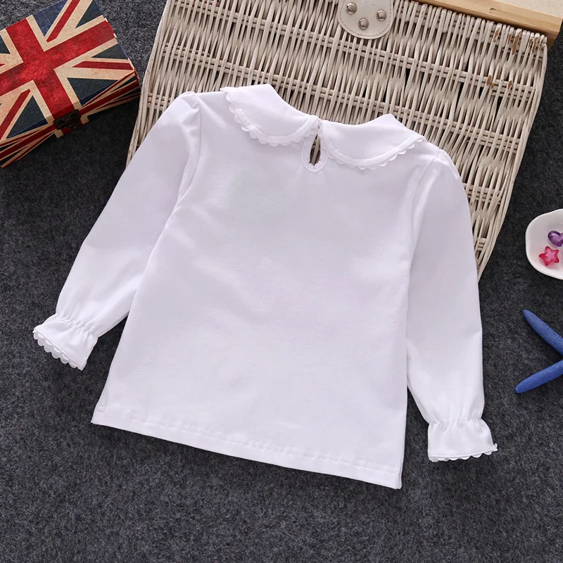 Kids T Shirts Spring Autumn Girls T-shirts Clothing Long Sleeve Peter Pan Collar Solid Color Cotton Children\'s Tops Tees Clothes