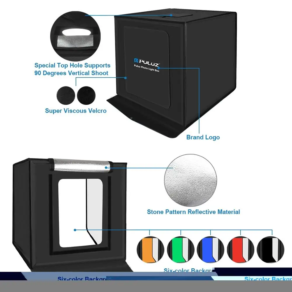 Imagem -04 - Caixa de Luz para Estúdio Fotográfico Puluz 60x60 Sessão de Luz para Fotos Tenda Cores Planos de Fundo