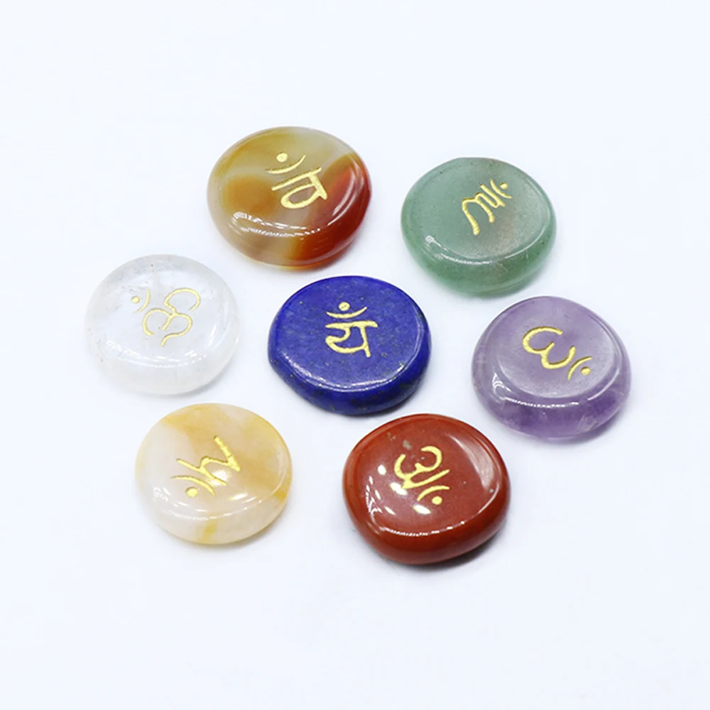 Natural Reiki 7 Chakra Carved Symbols Stone Round Shape Amethyst Crystal Quartz No Hole Meditation Divination Home Decoration