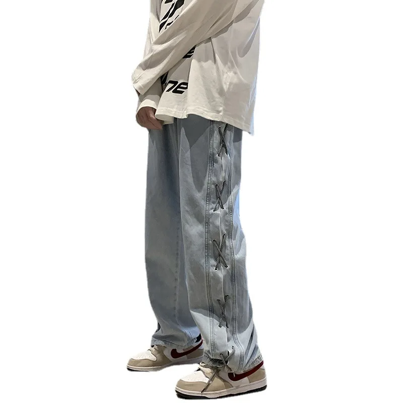 ICCLEK 2021 Fall New Pants High Street Jeans American Jeans Men's Fall Loose Straight Pants Fashion Lace Pants Wide Leg Pants