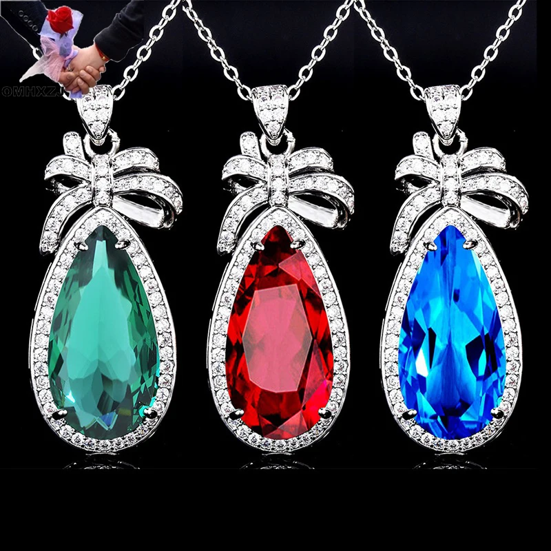 OMHXZJ Wholesale NA496 European Fashion Woman Girl Party Birthday Wedding Gift Water Drop AAA Zircon 18KT White Gold Necklace