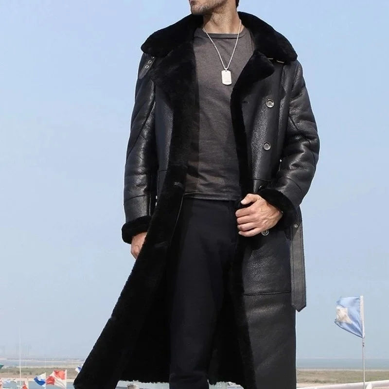 Men Winter Military Long Sheep Shearling Coat Warm Real Fur Wool Lining Overcoat Man Belt Double Breasted Genuine Leather Jacket