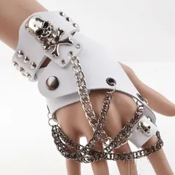 Fashion Men Women Hip-hop Non-mainstream Half-finger Gloves Chain Ring Genuine Leather Punk Rivet Gloves Rings R1593