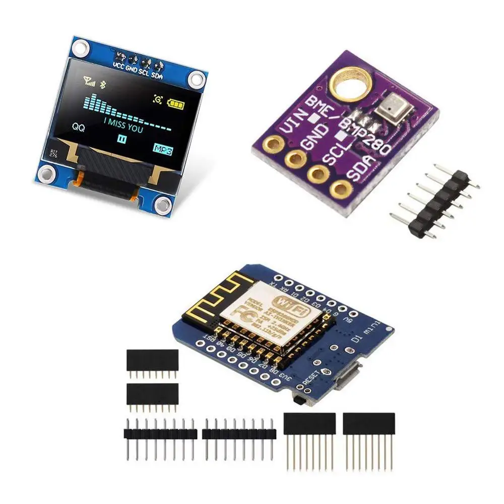BME280 Temperature Humidity Atmospheric Pressure Sensor + 0.96" IIC OLED LCD Screen LED + D1 Mini ESP8266 Board for Arduino