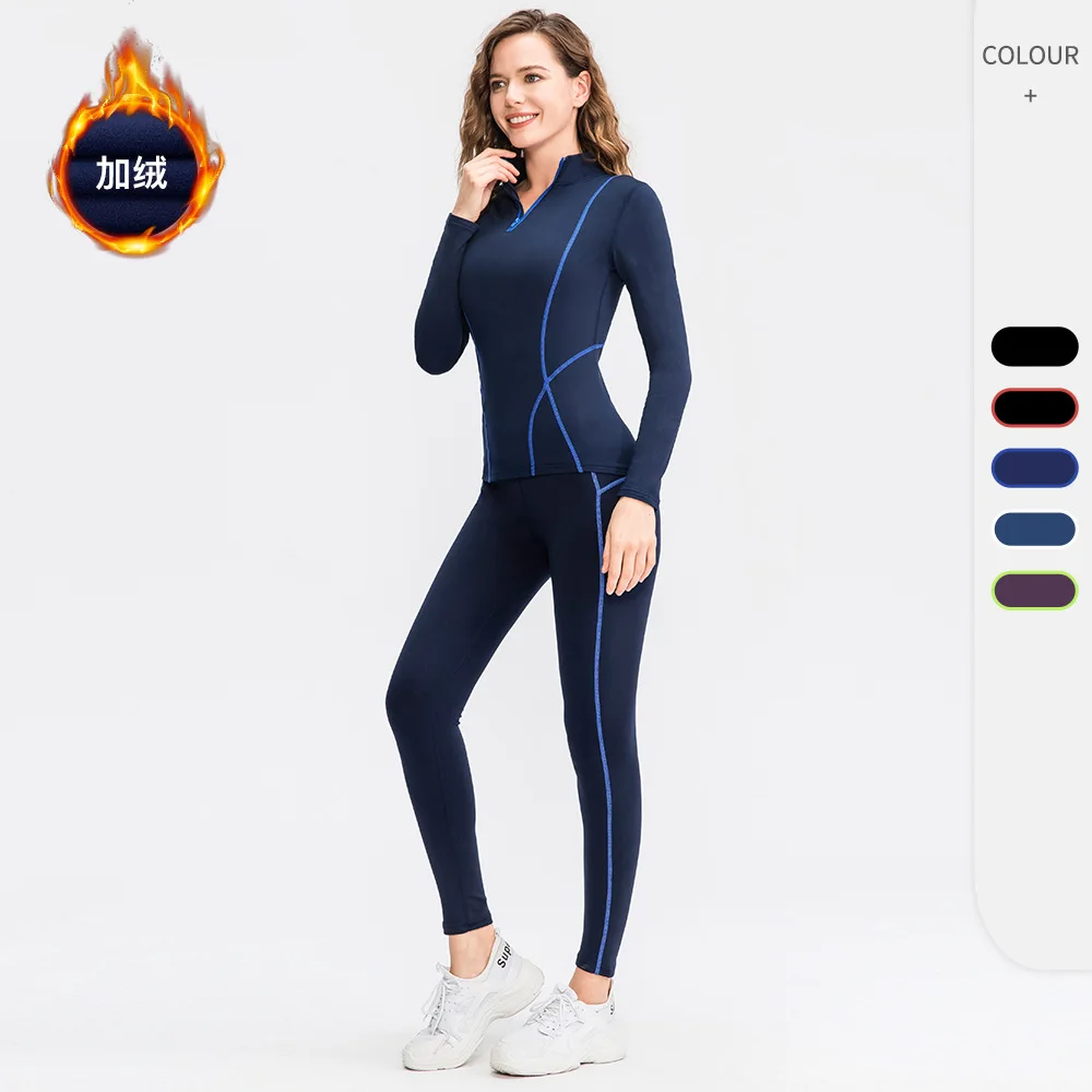 New Autumn and winter fleece fitness set women\'s high elastic tight exercise running training yoga two-piece T-shirt yoga pants