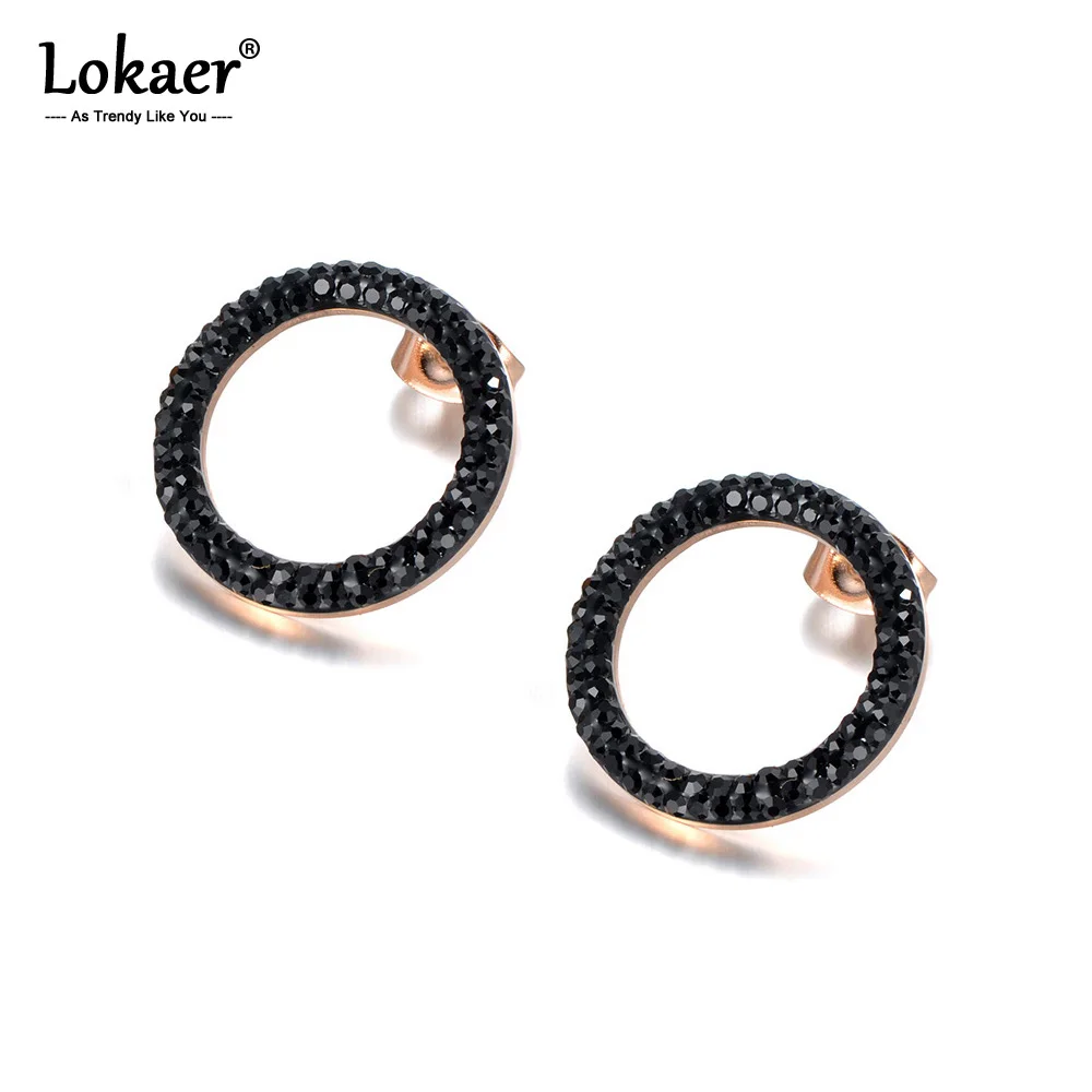 Lokaer Trendy Stainless Steel Jewelry Shiny White/Black Clay Cystal Earrings Rose Gold Color Round Shape Christmas Gift E18455