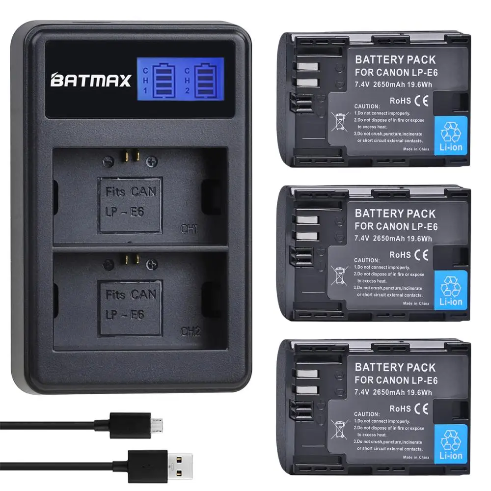 2650mAh LP-E6 LP-E6N LP E6 Batterij + LCD USB Dubbele Oplader voor Canon EOS 6D 7D 5D Mark II III IV 60D 60Da 70D 80D 5DS R XC10