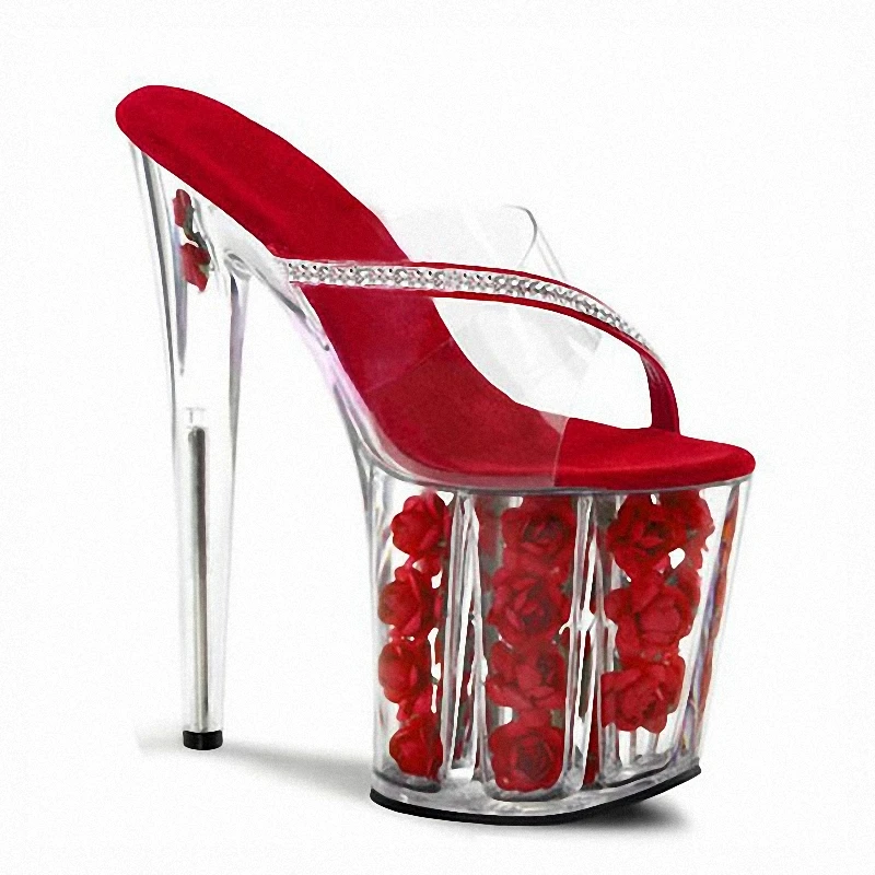 Sexy Fetish 8 inches Super High heeled shoes style Bride Flower Clear Crystal Slippers 20cm Rhinestone Thick platform Trend lady
