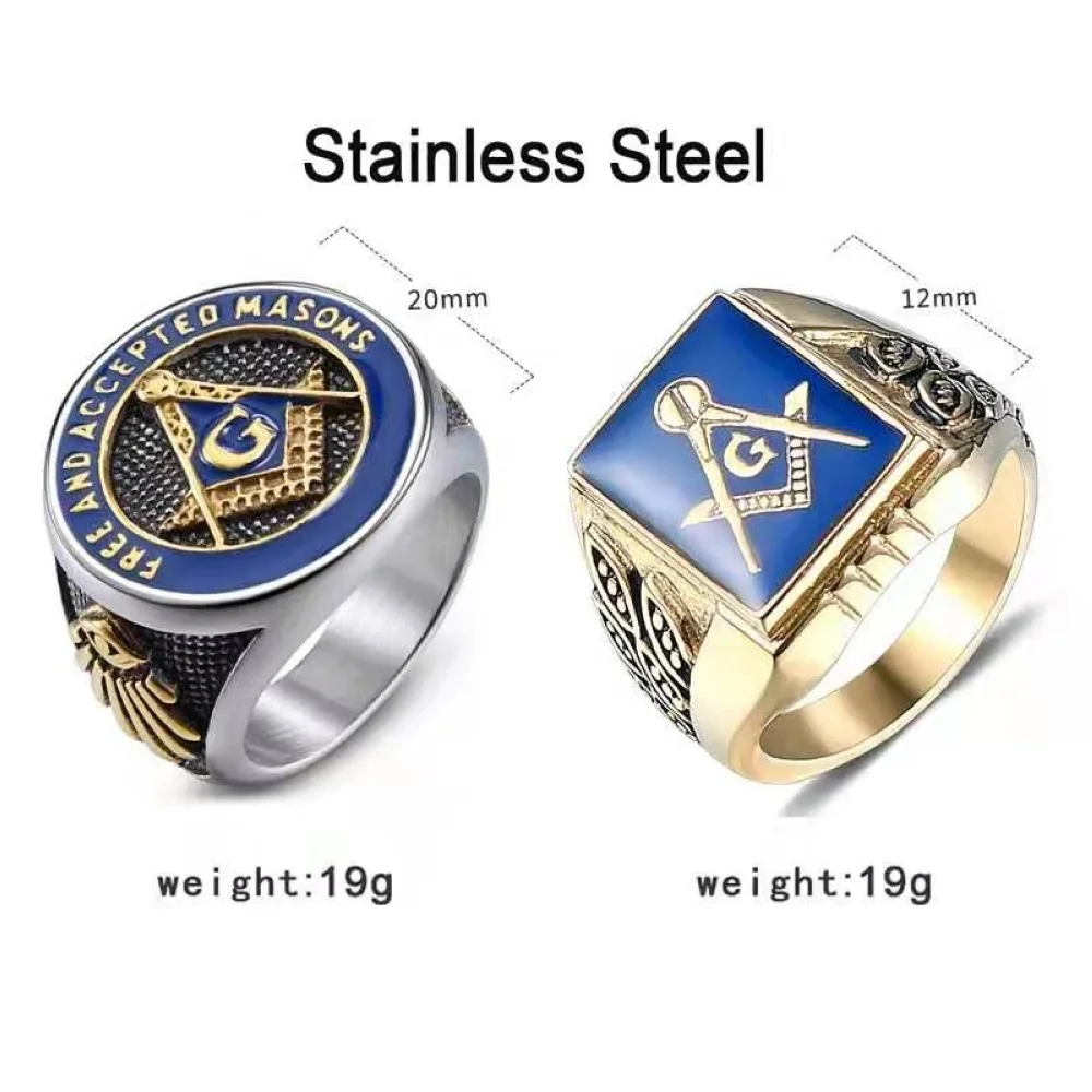 Roestvrij Staal Goud Zilver Plated Vrijmetselaars Mannen Blauw Emaille Technologie Ring Vrijmetselaar Sieraden Maat 7-13 Groothandel Dropshipping