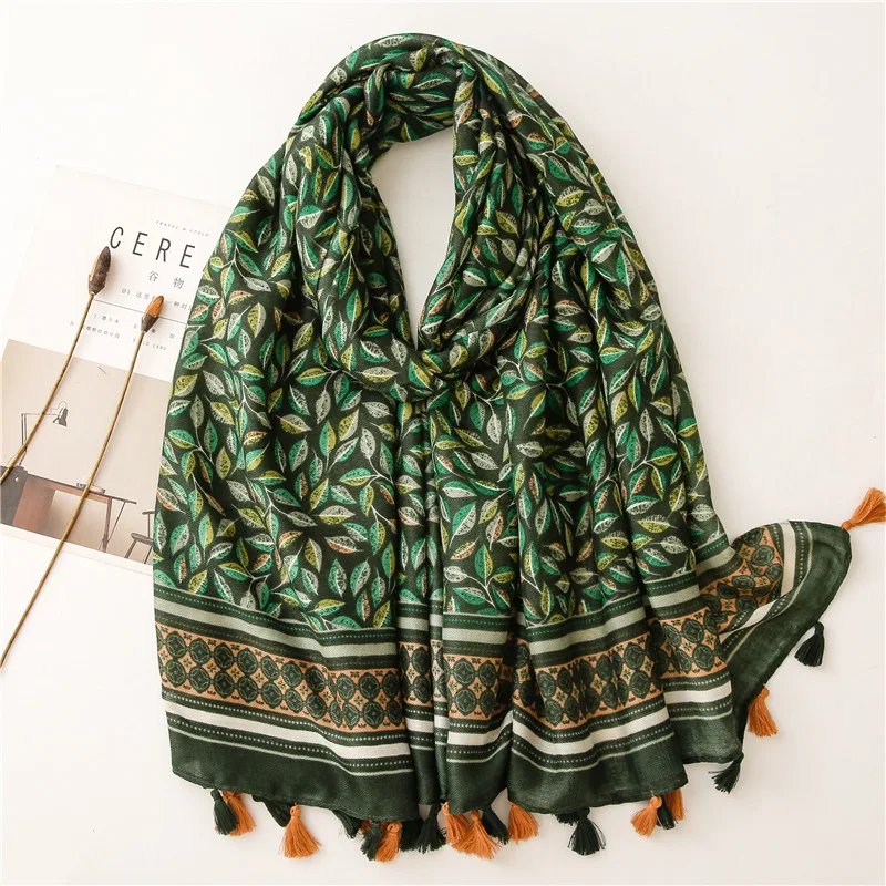 Fashion Winter Scarf For Women Hijabs Retro Green Leaf Floral Viscose Tassel Scarf Luxury Brand Wraps Female Scarves And Shawls