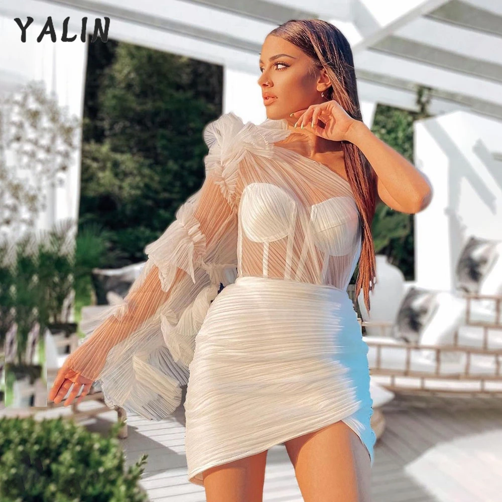 Yalin elegante vestidos de baile curto um ombro mangas compridas ver através das mulheres mini vestidos de cocktail robe de soirée de mariage