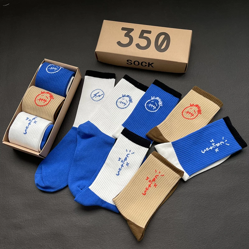 Herren Crew Cactus Jack Socken reine Baumwolle Sport Hip Hop Skateboard weiß/blau/braun Socken Großhandel 3 paare/schachtel Socken – Detail 2