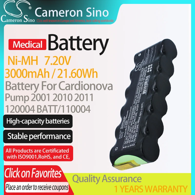 CameronSino Battery for Cardionova Pump 2001 2010 2011 fits 120004 BATT/110004 Medical Replacement battery 3000mAh/21.60Wh 7.20V