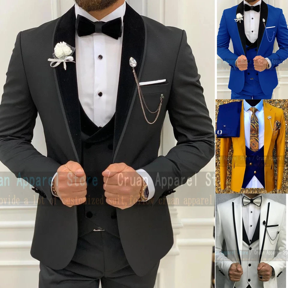 Dark Grey Suit Mens Set Slim fit Best Man Groom Wedding Dress Tuxedo Custom Luxury Black Velvet Blazer Vest Pants 3 Pieces 2025