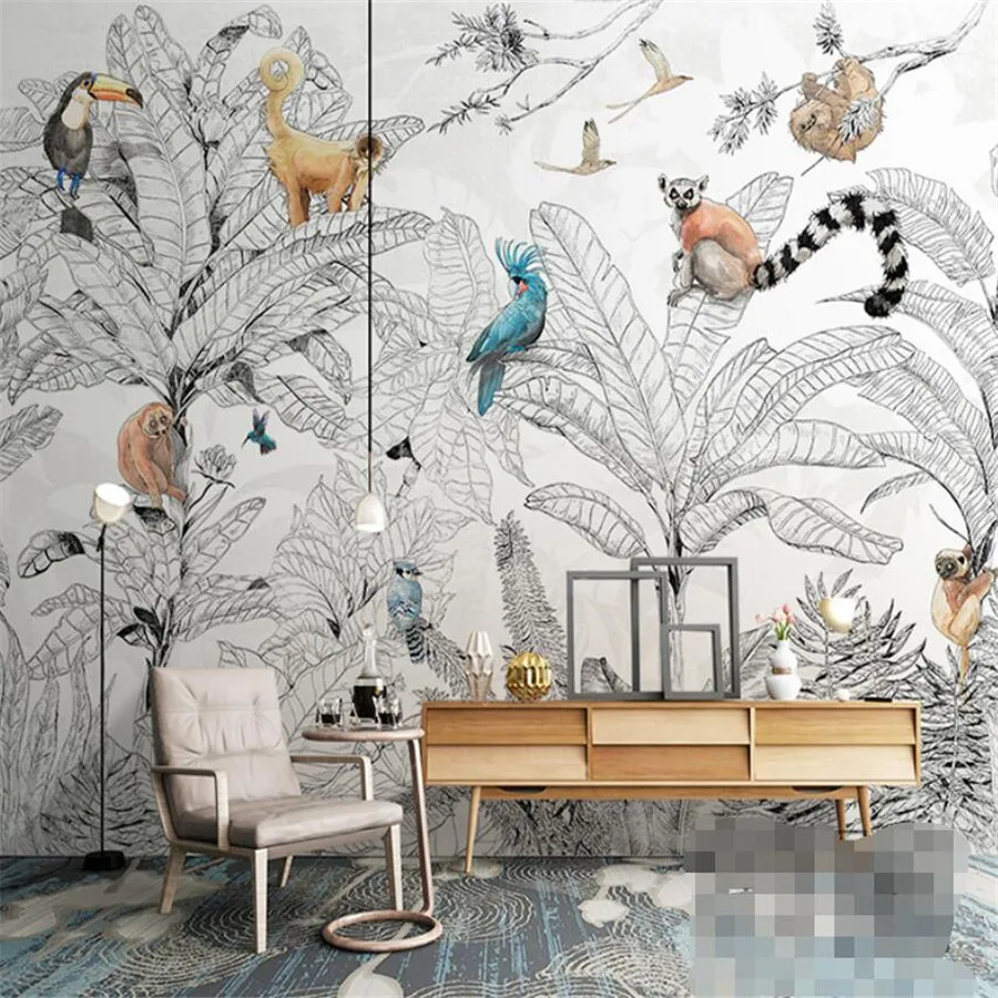 Custom 3D Wallpaper Mural Black And White Tropical Rainforest Animals And Plants  Living Room Background Wall Decoration