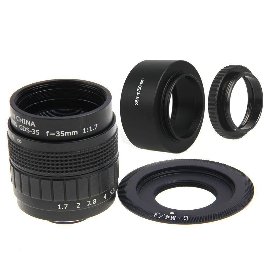 35mm F1.7 CCTV 무비 렌즈 + C-M4/3 마운트 링 + 렌즈 후드 + 파나소닉 GF1 GF5 GF9 GF8 GF7 GF6 G3 G7 G1 G10 C-M43 용 매크로 링