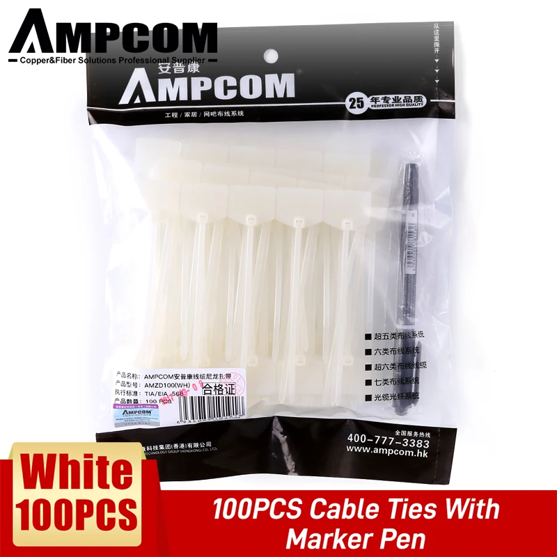 AMPCOM Nylon Kabelbinders met Markering - Beschrijfbaar op Ethernet-kabel |   Zelfvergrendelend |   Gratis afdrukbare etiketten - 4,72 inch, 5 kleuren