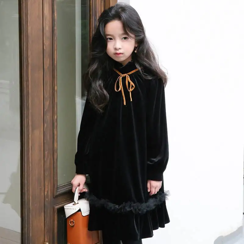 Girls Lace Spliced & Butterfly Knot Princess Dresses Fall Winter Korean Children's Silver Fox Dress Teenager Kids One Piece P272