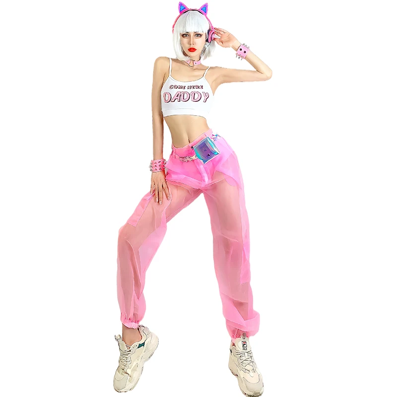 Hip Hop Street Dance Practice Wear Bar DJ Dancer Costume Vest Mesh Trousers Rave Outfit Female Gogo Jazz Dancing Wear YS2209